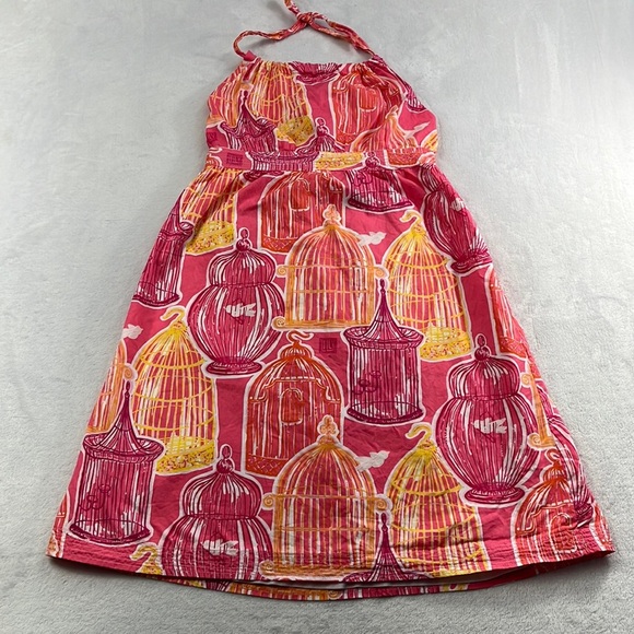 Lilly Pulitzer Girls 14 Pink Orange Bird Cage Smocked Summer‎ Halter Dress - Picture 1 of 14